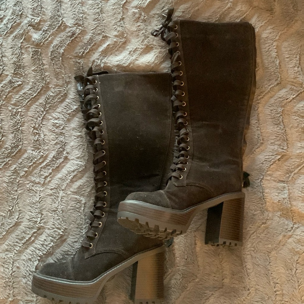 Suede brown lace up knee boots 6